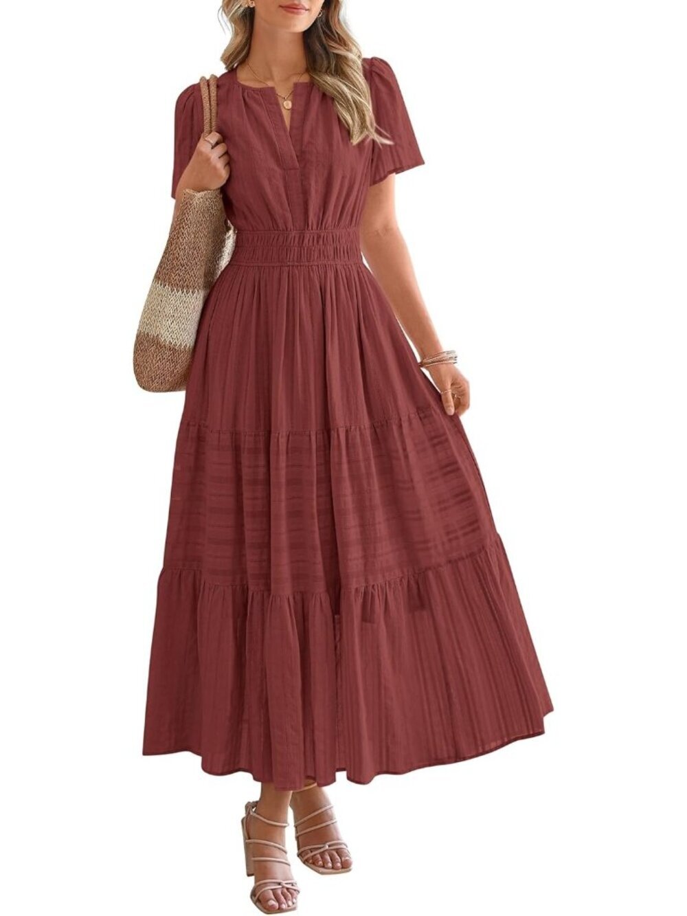Women Brown Red Sleeve V Neck Elastic Waist Boho Beach Casual Midi Dresses